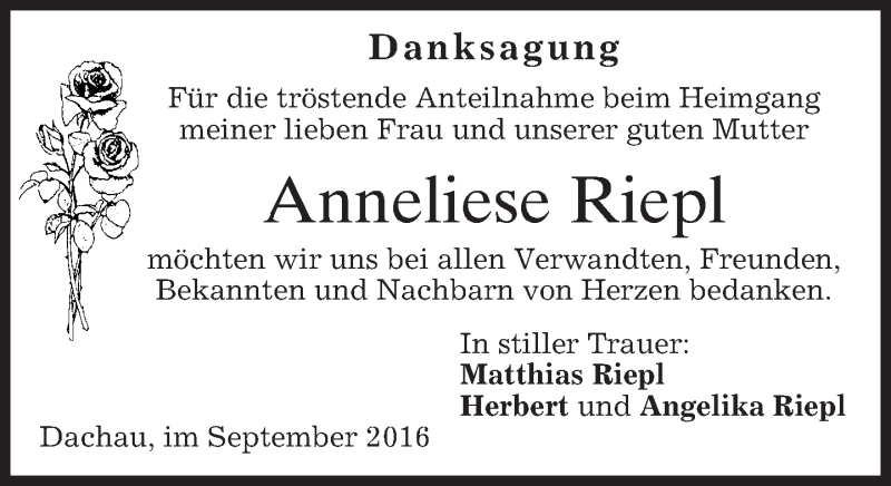  Traueranzeige für Anneliese Riepl vom 24.09.2016 aus merkurtz