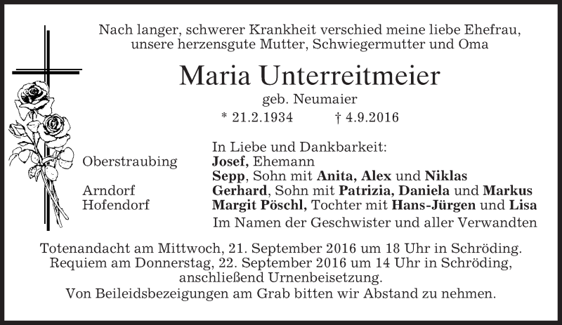  Traueranzeige für Maria Unterreitmeier vom 19.09.2016 aus merkurtz