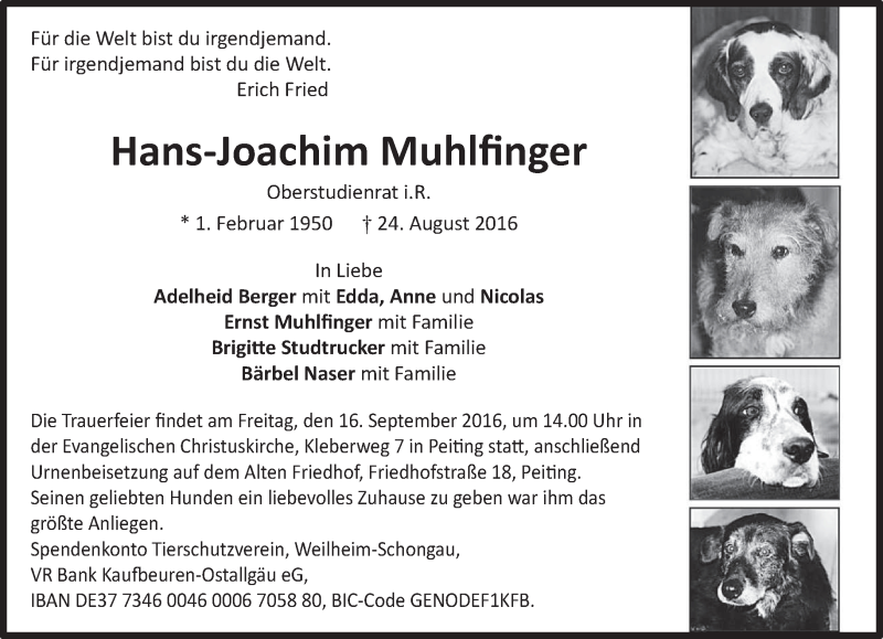  Traueranzeige für Hans-Joachim Muhlfinger vom 10.09.2016 aus merkurtz