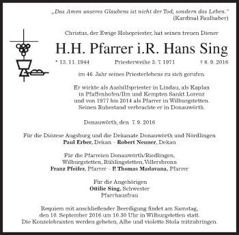 Traueranzeige von Hans Sing von merkurtz