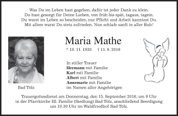 Traueranzeige von Maria Mathe von merkurtz