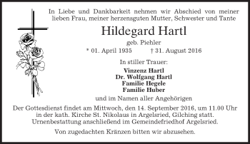 Traueranzeige von Hildegard Hartl von merkurtz