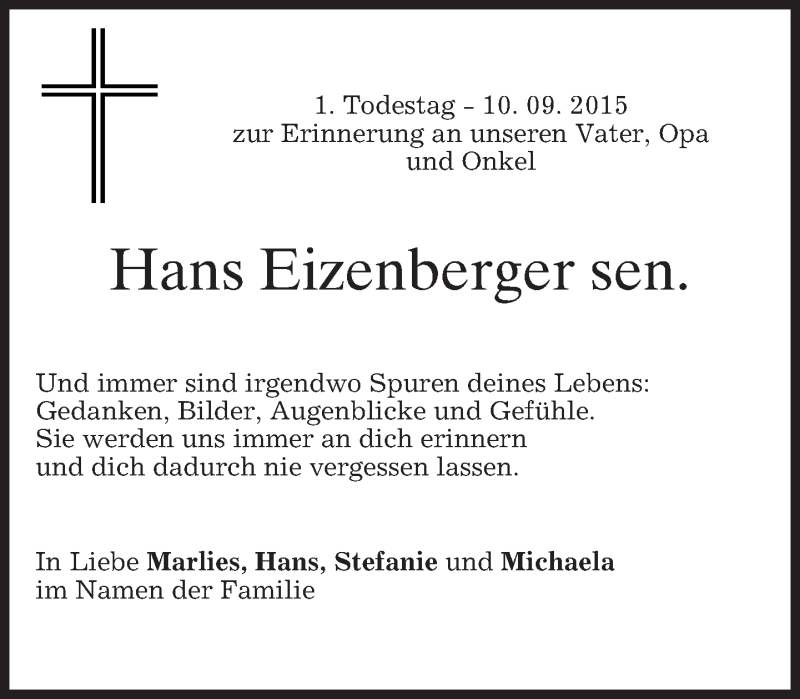  Traueranzeige für Hans Eizenberger vom 10.09.2016 aus merkurtz