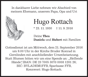 Traueranzeige von Hugo Rottach von merkurtz