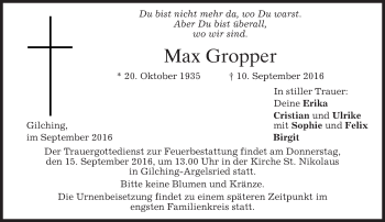 Traueranzeige von Max Gropper von merkurtz