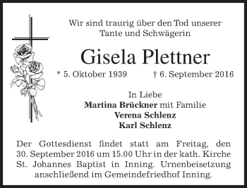 Traueranzeige von Gisela Plettner von merkurtz