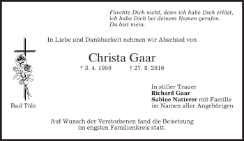 Traueranzeige von Christa Gaar von merkurtz