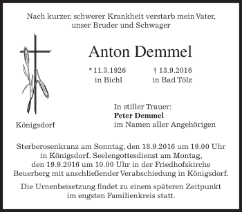 Traueranzeige von Anton Demmel von merkurtz