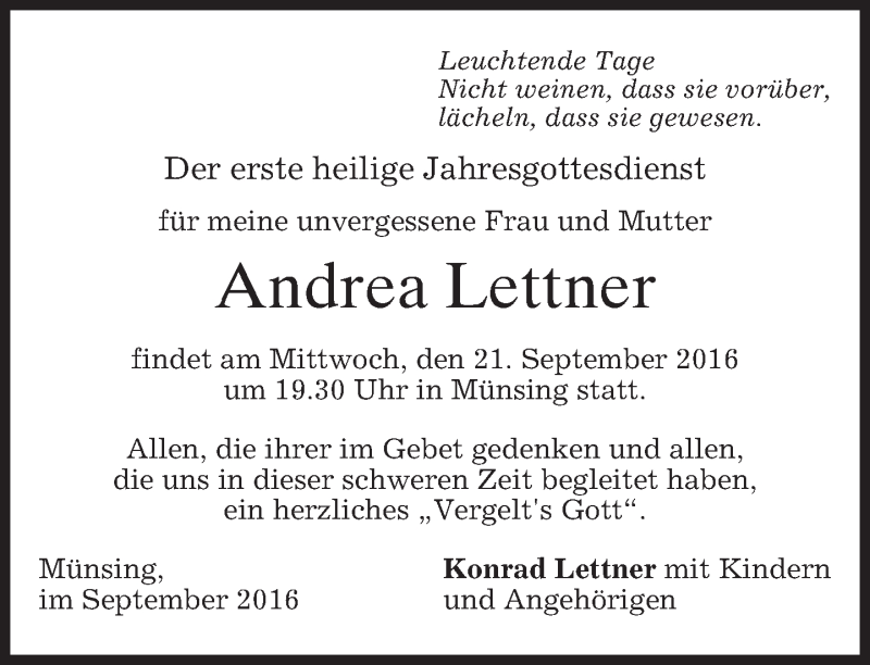  Traueranzeige für Andrea Lettner vom 17.09.2016 aus merkurtz