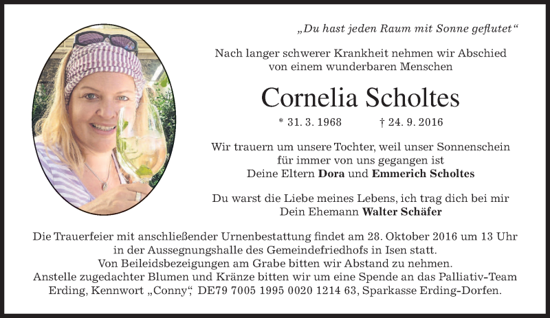 Traueranzeige für Cornelia Scholtes vom 30.09.2016 aus merkurtz