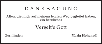 Traueranzeige von Maria Hohenadl von merkurtz
