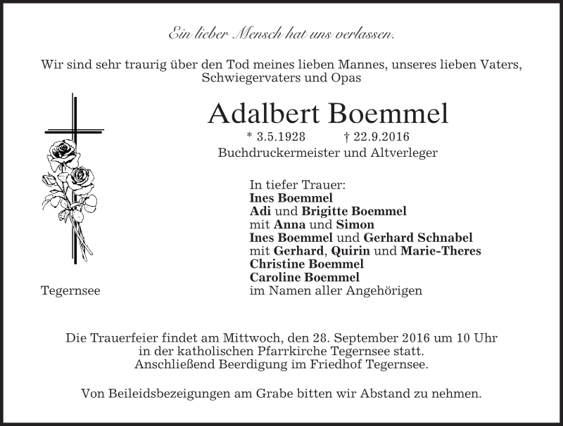  Traueranzeige für Adalbert Boemmel vom 24.09.2016 aus merkurtz