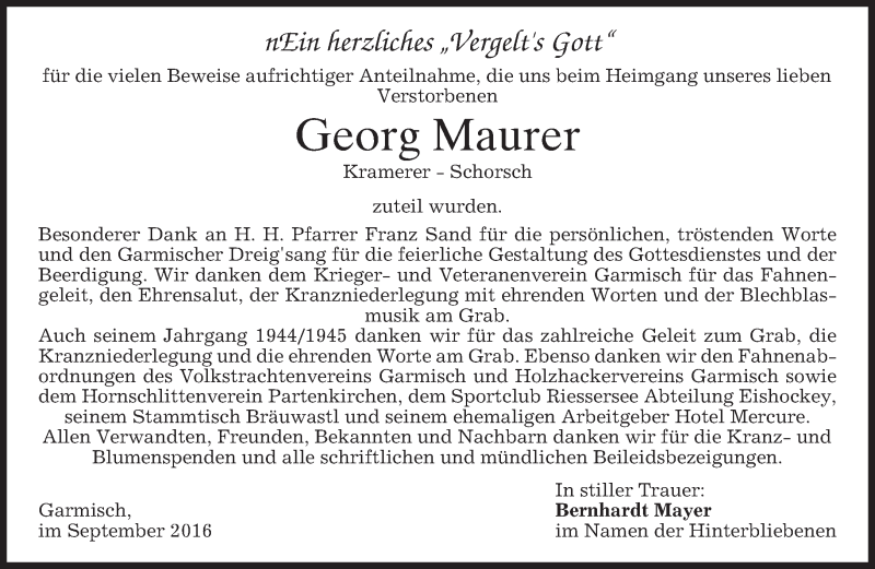  Traueranzeige für Georg Maurer vom 24.09.2016 aus merkurtz