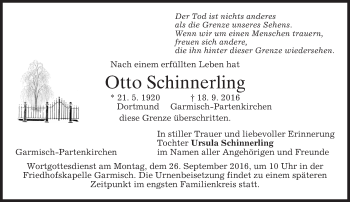 Traueranzeige von Otto Schinnerling von merkurtz