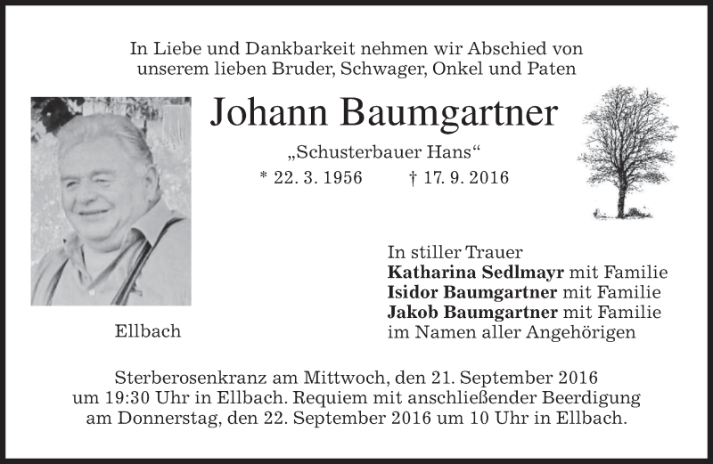  Traueranzeige für Johann Baumgartner vom 20.09.2016 aus merkurtz