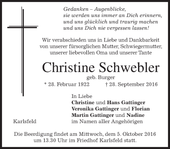 Traueranzeige von Christine Schwebler von merkurtz