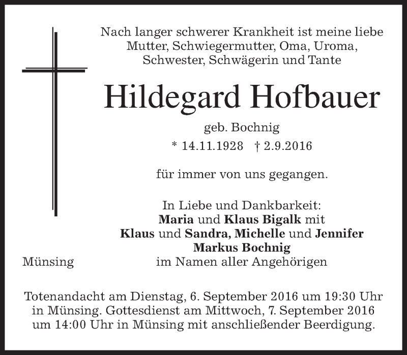  Traueranzeige für Hildegard Hofbauer vom 03.09.2016 aus merkurtz
