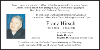 Traueranzeige von Franz Hirsch von merkurtz