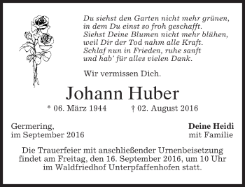 Traueranzeige von Johann Huber von merkurtz