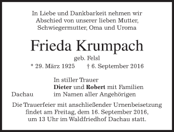 Traueranzeige von Frieda Krumpach von merkurtz