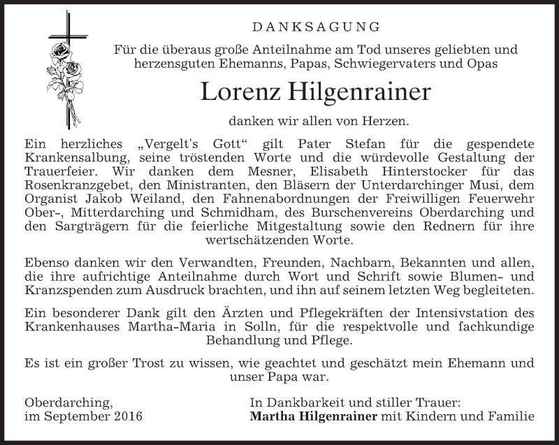  Traueranzeige für Lorenz Hilgenrainer vom 17.09.2016 aus merkurtz