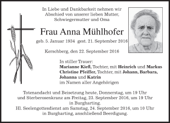 Traueranzeige von Anna Mühlhofer von merkurtz
