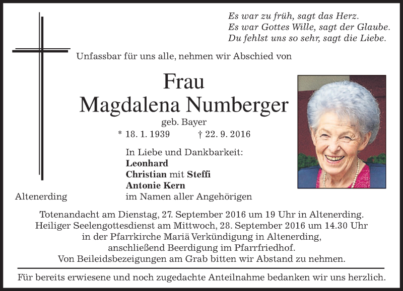  Traueranzeige für Magdalena Numberger vom 24.09.2016 aus merkurtz