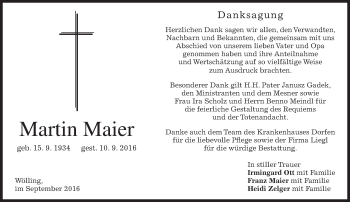 Traueranzeige von Martin Maier von merkurtz