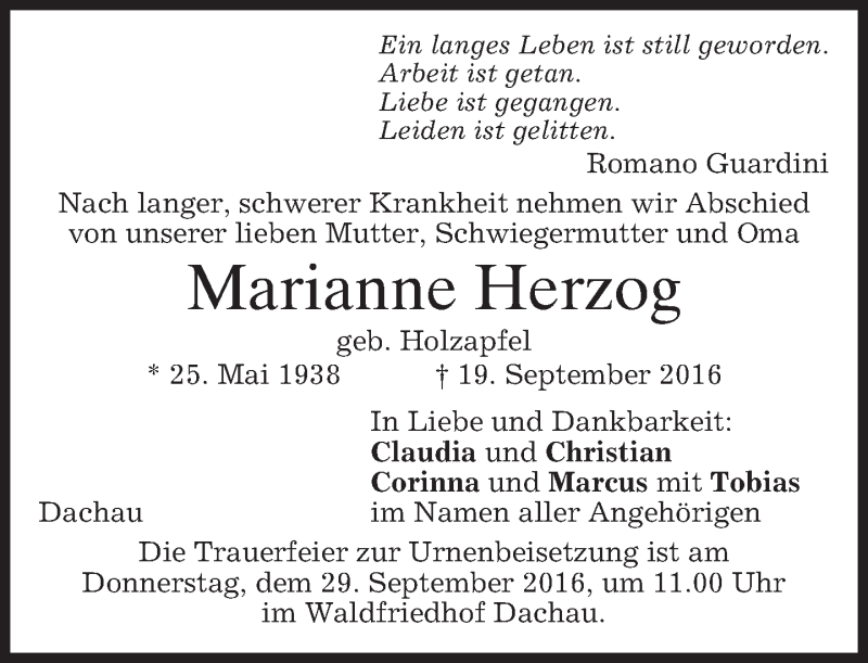  Traueranzeige für Marianne Herzog vom 24.09.2016 aus merkurtz
