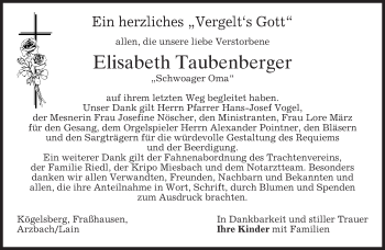 Traueranzeige von Elisabeth Taubenberger von merkurtz