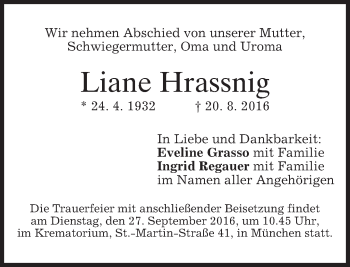 Traueranzeige von Liane Hrassnig von merkurtz