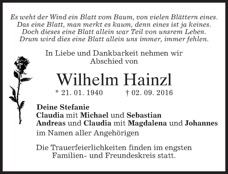  Traueranzeige für Wilhelm Hainzl vom 06.09.2016 aus merkurtz