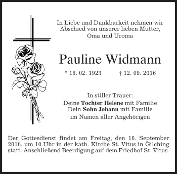 Traueranzeige von Pauline Widmann von merkurtz