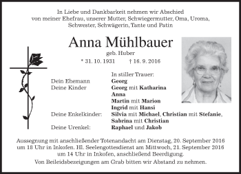 Traueranzeige von Anna Mühlbauer von merkurtz