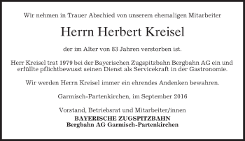 Traueranzeige von Herbert Kreisel von merkurtz