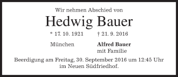Traueranzeige von Hedwig Bauer von merkurtz