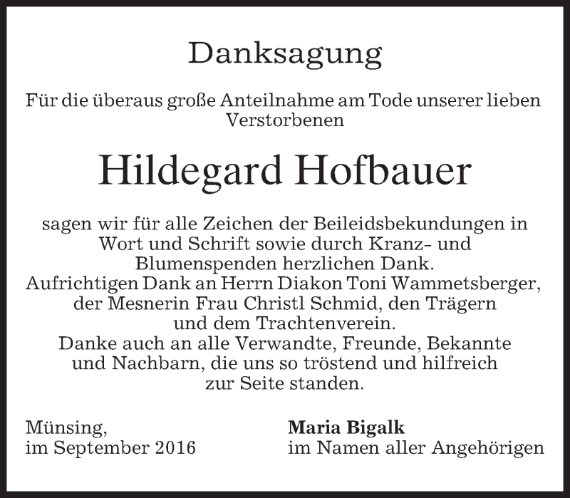  Traueranzeige für Hildegard Hofbauer vom 17.09.2016 aus merkurtz
