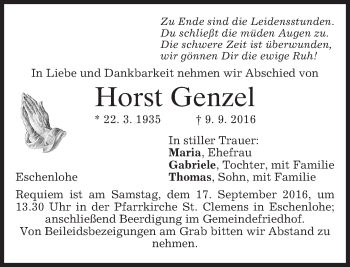 Traueranzeige von Horst Genzel von merkurtz