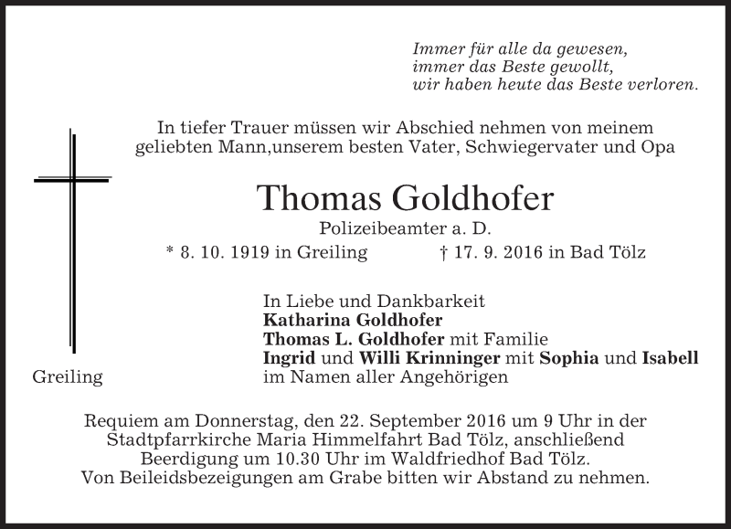  Traueranzeige für Thomas Goldhofer vom 20.09.2016 aus merkurtz