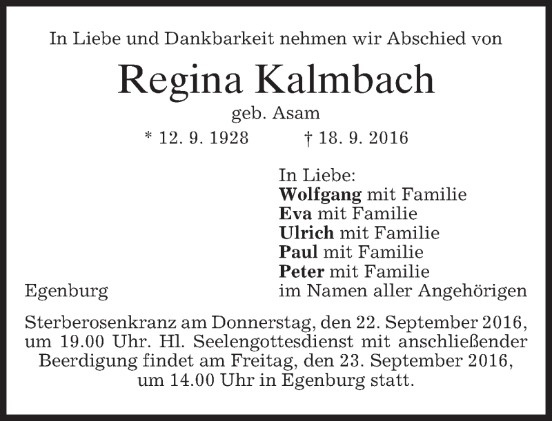  Traueranzeige für Regina Kalmbach vom 21.09.2016 aus merkurtz