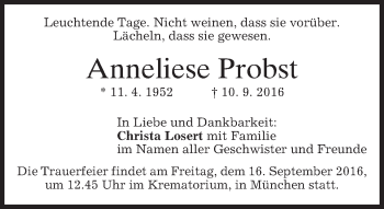 Traueranzeige von Anneliese Probst von merkurtz