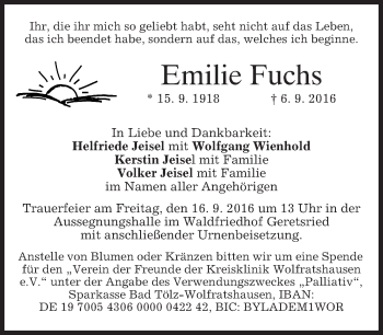 Traueranzeige von Emilie Fuchs von merkurtz