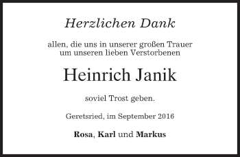 Traueranzeige von Heinrich Janik von merkurtz