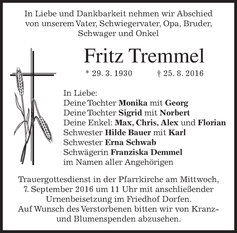 Traueranzeigen von Fritz Tremmel | trauer.merkur.de