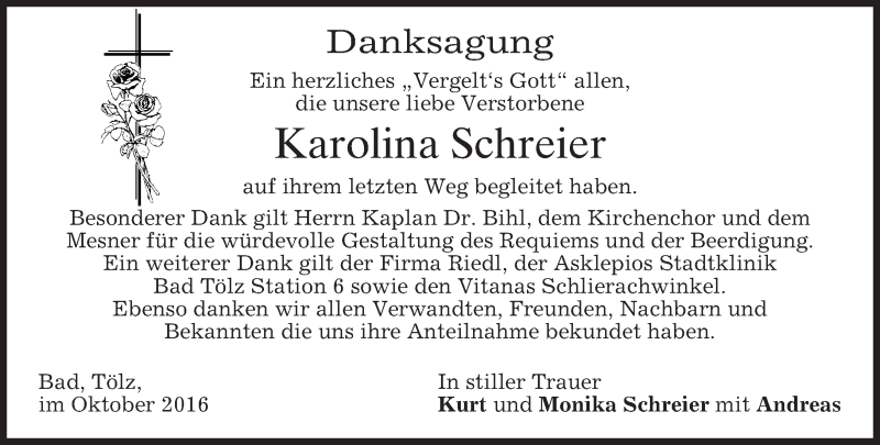  Traueranzeige für Karolina Schreier vom 01.10.2016 aus merkurtz