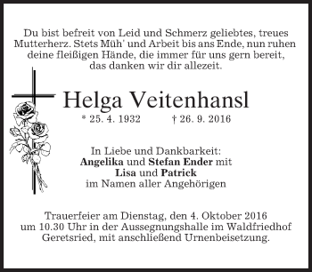 Traueranzeige von Helga Veitenhansl von merkurtz