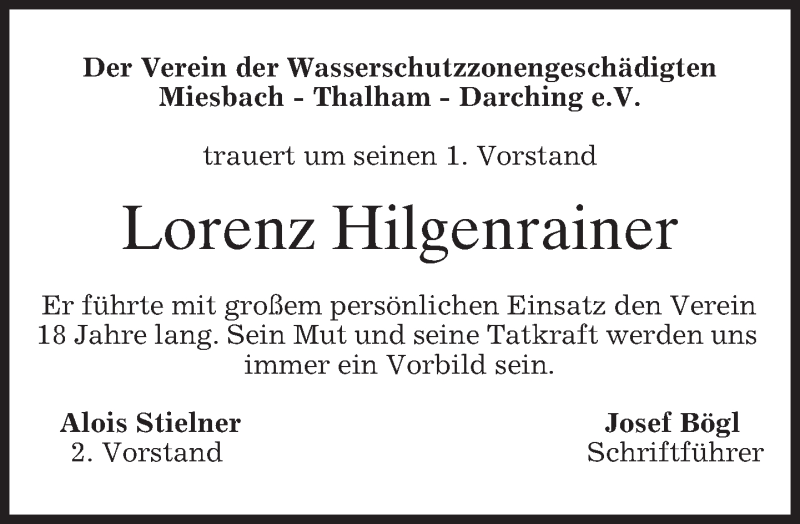  Traueranzeige für Lorenz Hilgenrainer vom 09.09.2016 aus merkurtz