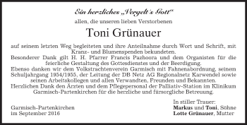 Traueranzeige von Toni Grünauer von merkurtz