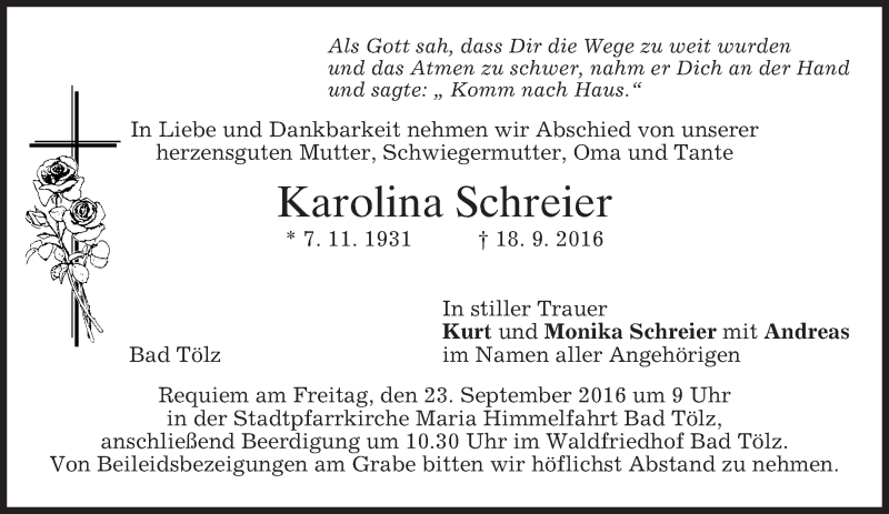 Traueranzeige für Karolina Schreier vom 21.09.2016 aus merkurtz
