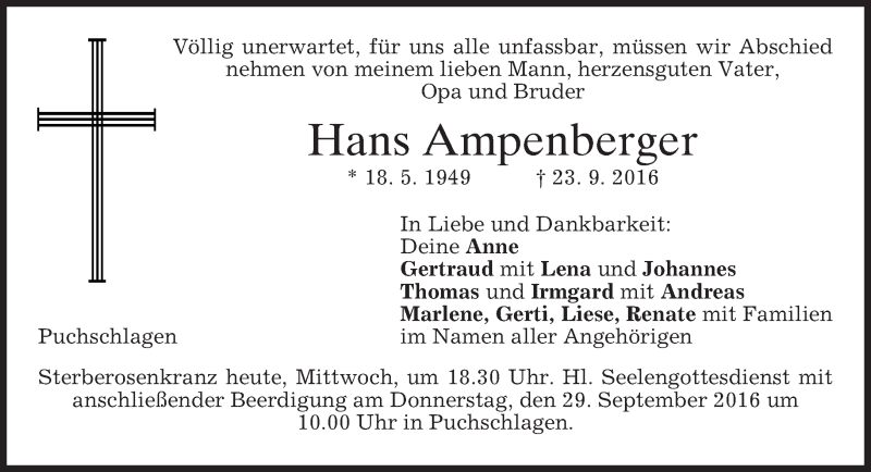  Traueranzeige für Hans Ampenberger vom 28.09.2016 aus merkurtz